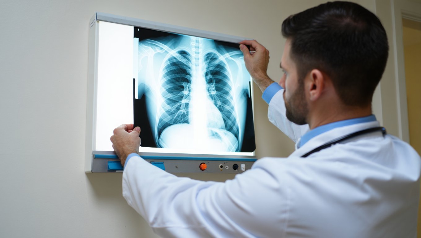 Врач изучает рентгеновский снимок лёгких
